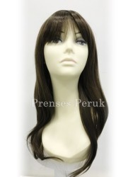 Doğal Koyu Kumral Uzun Kahküllü Sentetik Peruk - Thumbnail