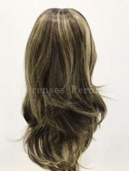 Koyu Kumral Sarı Işıltılı Röfle Katlı Kesim Uzun Kaliteli Sentetik Peruk - Thumbnail