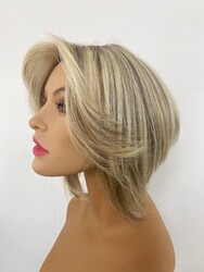 Yeni Koleksiyon Sarı Röfleli Kısa Katlı Gerçek Saç Peruk - Thumbnail